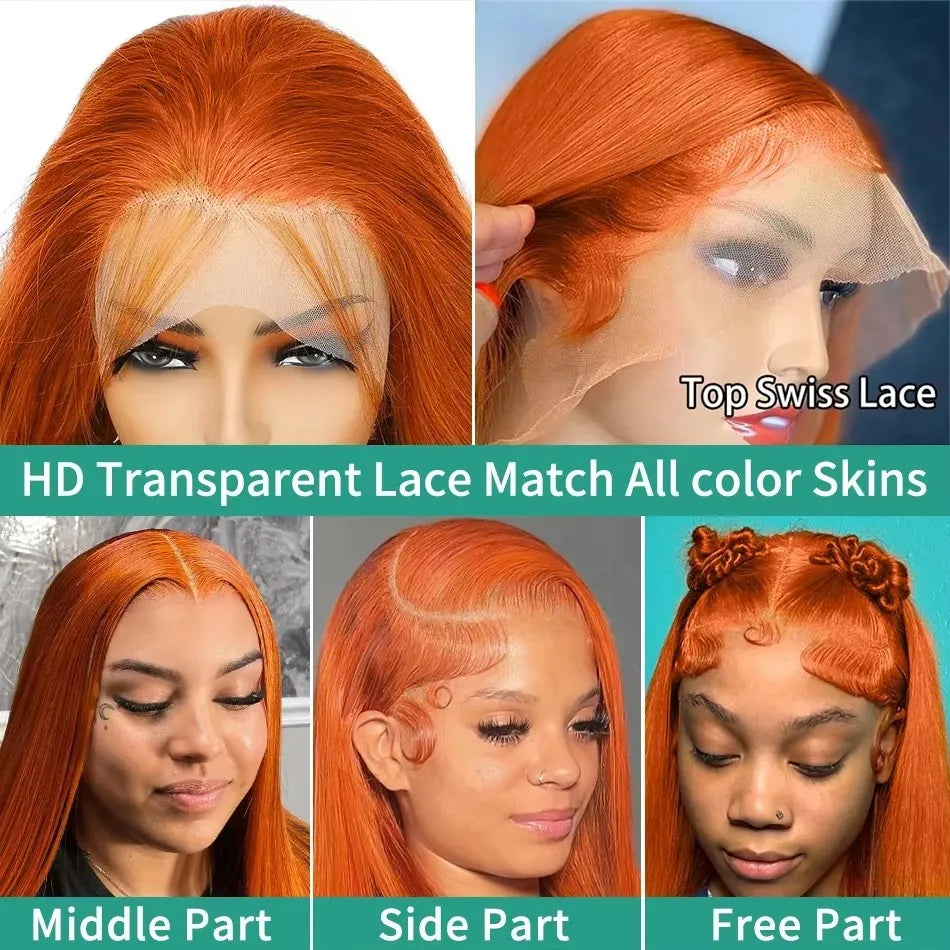 250 Density Orange Ginger 13x6 HD Lace Frontal Wig Human Hair Ginger Bone Straight 13x4 Transparent Lace Frontal Colored Wigs