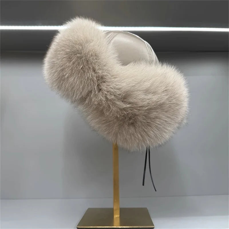 Ms.MinShu Unisex Winter Adjustable Earflap Genuine Black Fox Fur Hat with Sheep leather