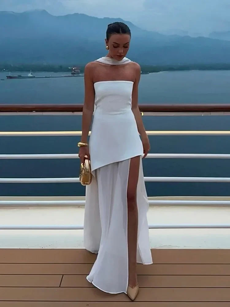 Butter Yellow Mesh Splicing Long Dress Elegant Strapless Split Backless Pleated Gowns For Women 2025 Lady Evening Party Gowns