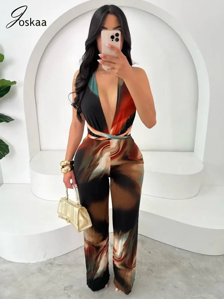 Joskaa Oil Painting Print Jumpsuit Women Sexy Deep V-Neck Backless Skinny Rompers 2025 Summer Fashion Overalls Vacation Clubwear