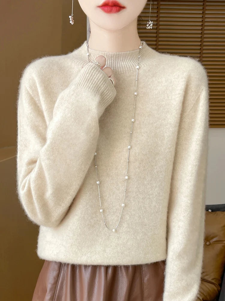 Women's Elegant Basic Style Pullover 100% Merino Wool Knitwear Autumn Winter Warm Solid Casual Loose Exquisite Clothing Tops