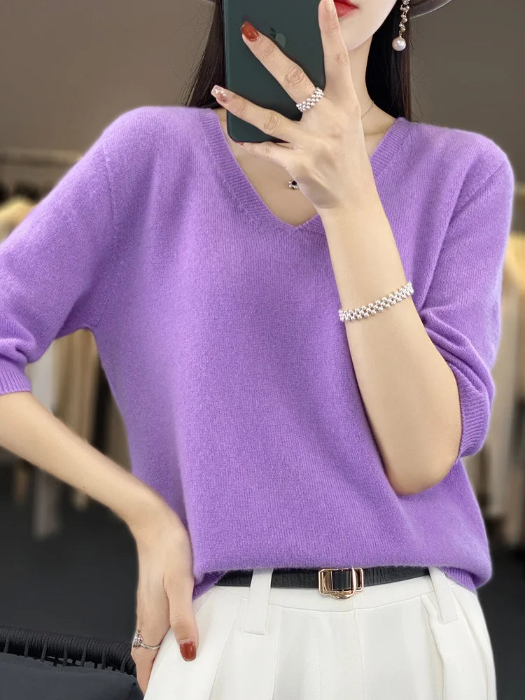 Women V-Neck 100% Merino Wool Cashmere T-shirt Half-Sleeve Pullover Sweater Spring Summer Knitwear Soft Fashion Comfortable Tops