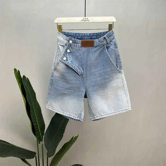 Gradient Design Denim Shorts Women Summer New High Waist Diagonal Buckle Loose Short Jeans Fashion Niche Straight Cowgirl Shorts
