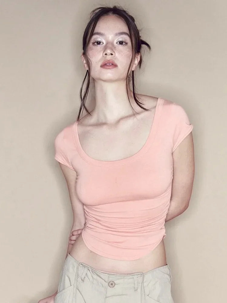 Summer Fashion New Solid Color Shirts For Women One-Piece Sexy Casual Short Women Clothing Slim Round Neck Short sleeve Y2k Top