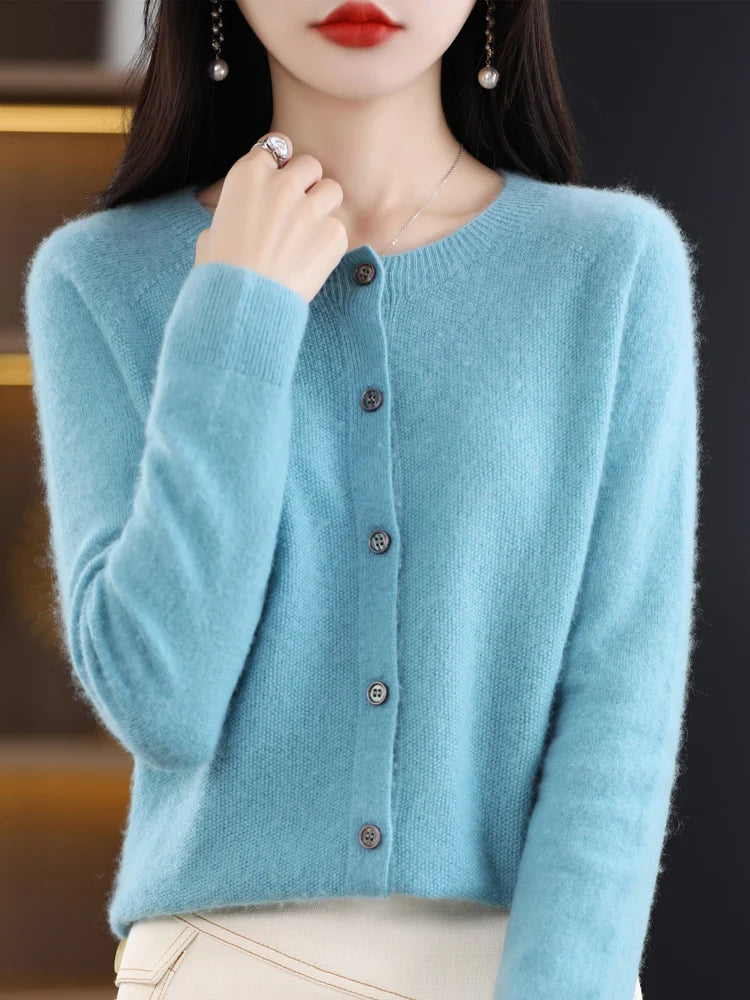 New Fashion Spring 100% Merino Wool Womens O-neck Cardigan Cashmere Sweater 2024 Female Clothing Grace Knitwear Korean Tops