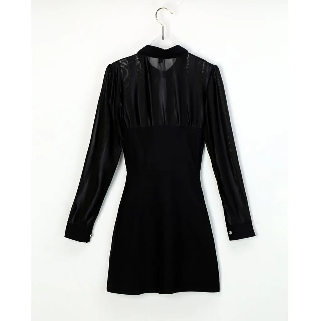 Women Long Sleeve Sheer Mesh Patchwork Bodycon Dresses Casual Work Dress Skiny Sequined Slim Fit Evening Party Dress Vestidos