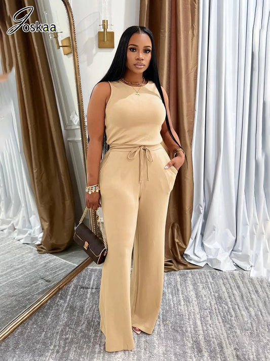 Joskaa 2025 Summer Women's Casual O-Neck Sleeveless Bandage Back Zip Bodycon Commuting Jumpsuit Holiday Vintage Streetwear S-XXL