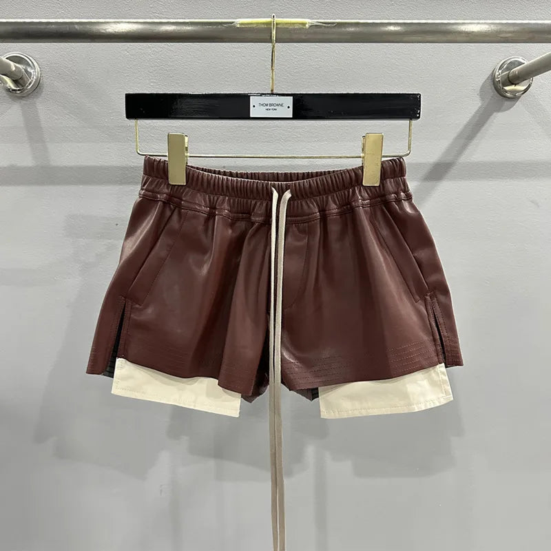 HKSH Women's Tide RO Style PU Leather Shorts Streetwear Fashion Pocket Comfortable New Versatile Dark Chic Y2K Punk Capris H2512
