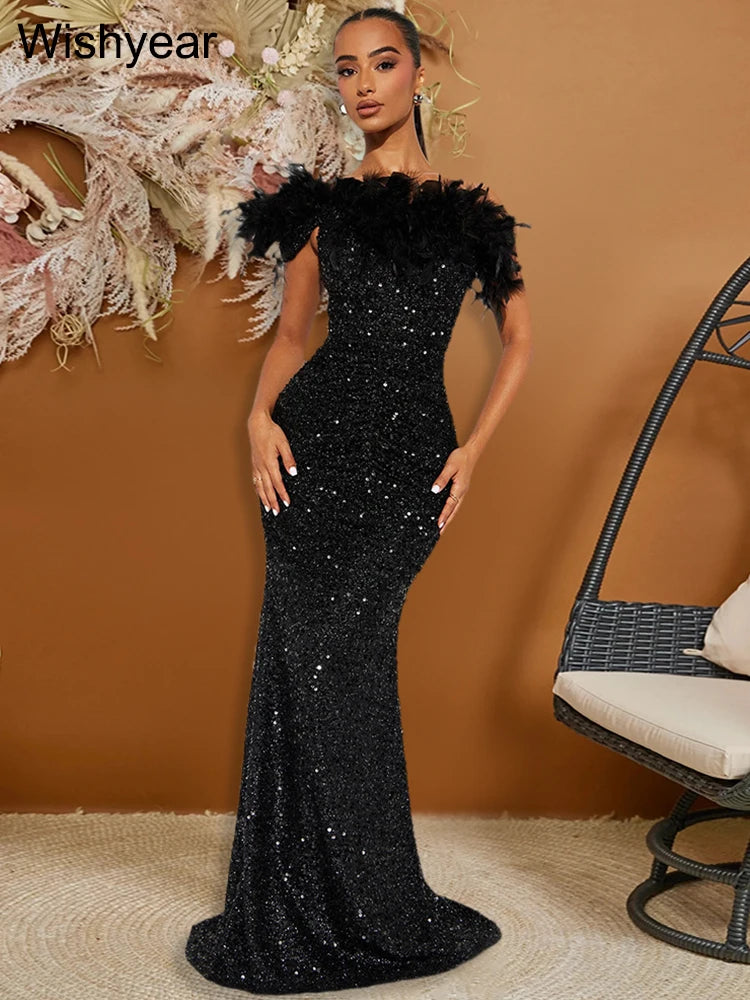 New Luxury Sequined Feather One Shoulder Sleeveless Slanted Collar Backless Purple Long Dress  Women Birthday Party Event Gowns