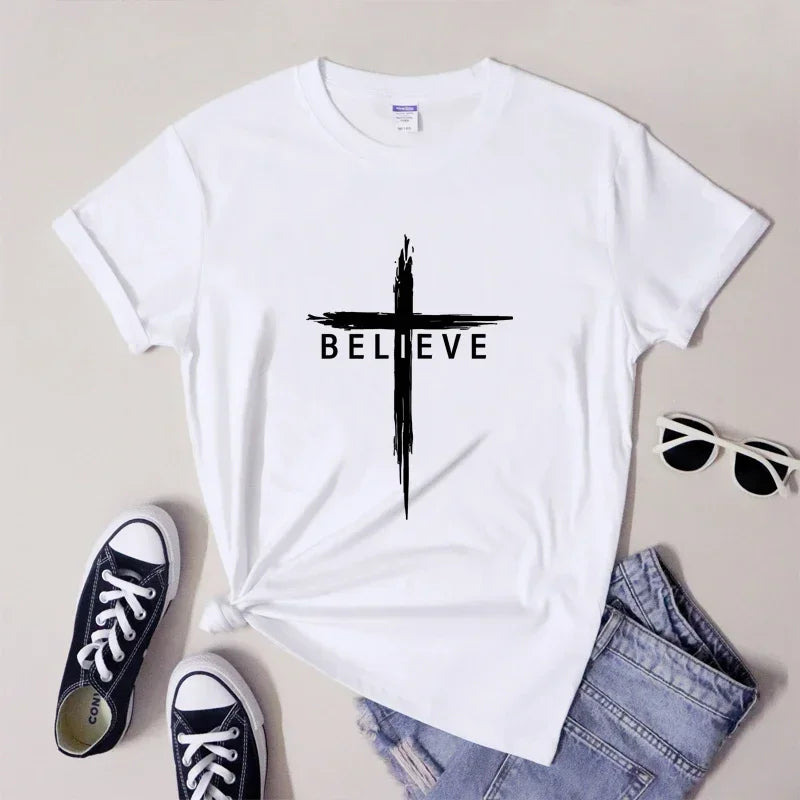 Christian Cross T-Shirt for Women - Inspirational Jesus Christ Tee, Faith Verse Graphic Top, Religious Apparel