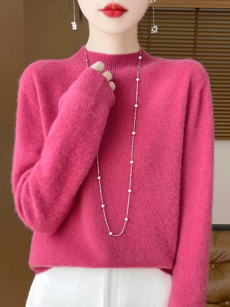 Women's Elegant Basic Style Pullover 100% Merino Wool Knitwear Autumn Winter Warm Solid Casual Loose Exquisite Clothing Tops