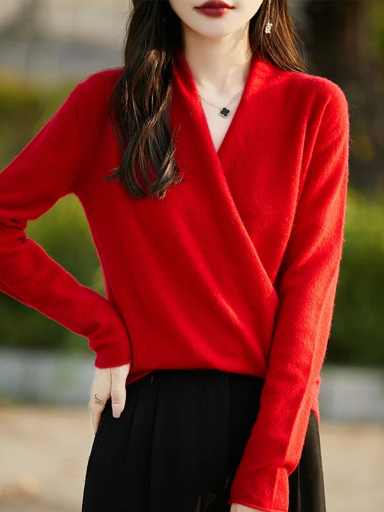 100% Merino Wool Knitwear Women's V-Neck Pullover Sweater Autumn Winter Female Grace Soft Clothes Long Sleeve Warm Fashion Tops