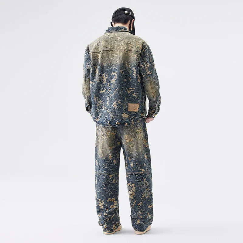American High Street Denim Sets Men's Jacquard Ragged Loose Casual Plus Size Retro Washed Denim Shirt Style Jacket Jeans Pants