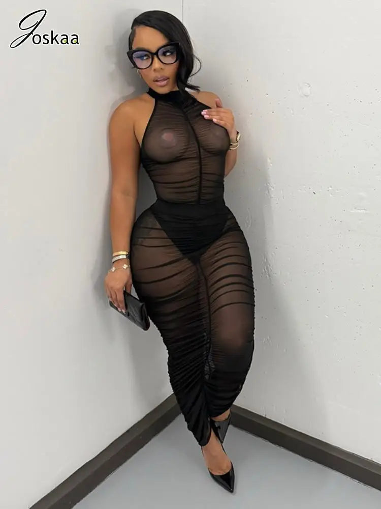 Joskaa Black Mesh See Through 2 Piece Sets Women Sexy Sleeveless Bodysuit+Pleated Maxi Skirt Mathching 2025 Midnight Clubwear