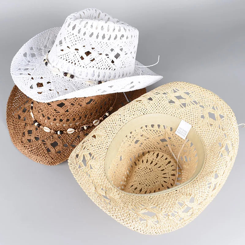 Straw Western Cowboy Hat for Women Men Classic Vintage Hollow Out Unisex Wide Brim Beach Sun Hat Fishing Hat Climbing Cap