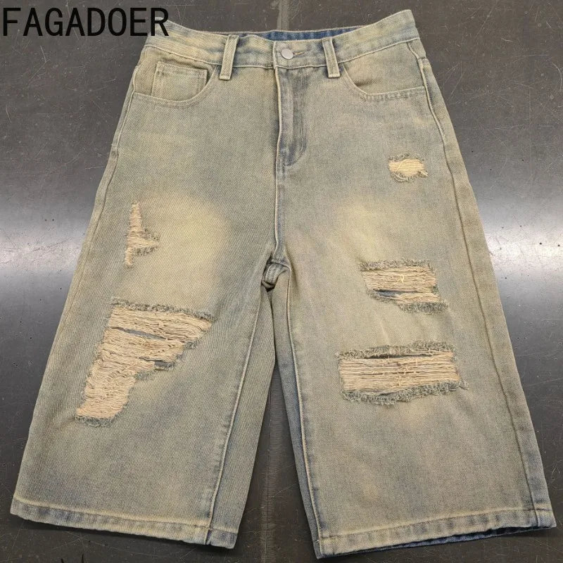 FAGADOER Retro Casual Denim Straight-Leg Shorts Women Old Hole Patchwork Loose Cowboy Jeans Female Streetwear Bottoms 2025 New