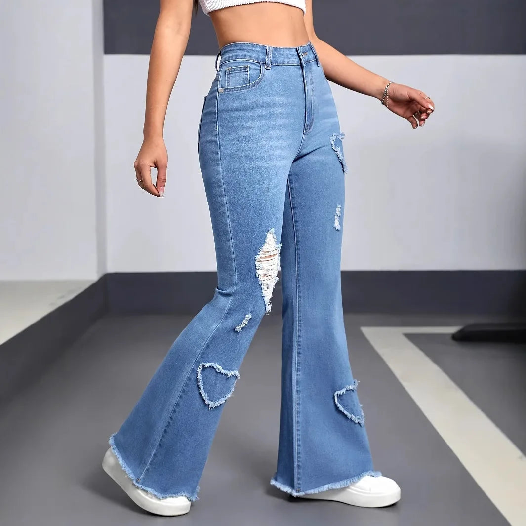 Denim Flared Pants Women Hole Jeans Boot Cut Distressed 2025 Streetwear High Waist Stretch Washed Vintage Full Length Trousers