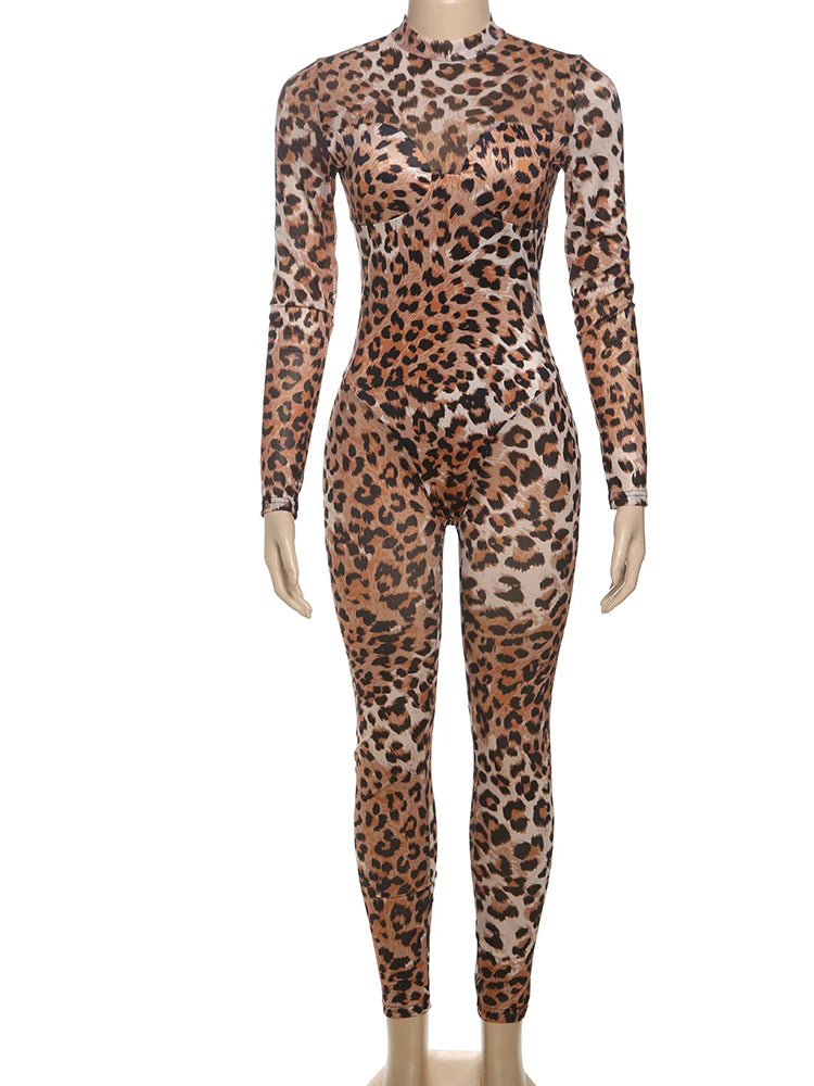 Sisterlinda Popular Leopard Jumpsuits Sexy Mesh Thin Full Sleeve Round Neck Skinny Overalls Female Classic Attractive One Piece