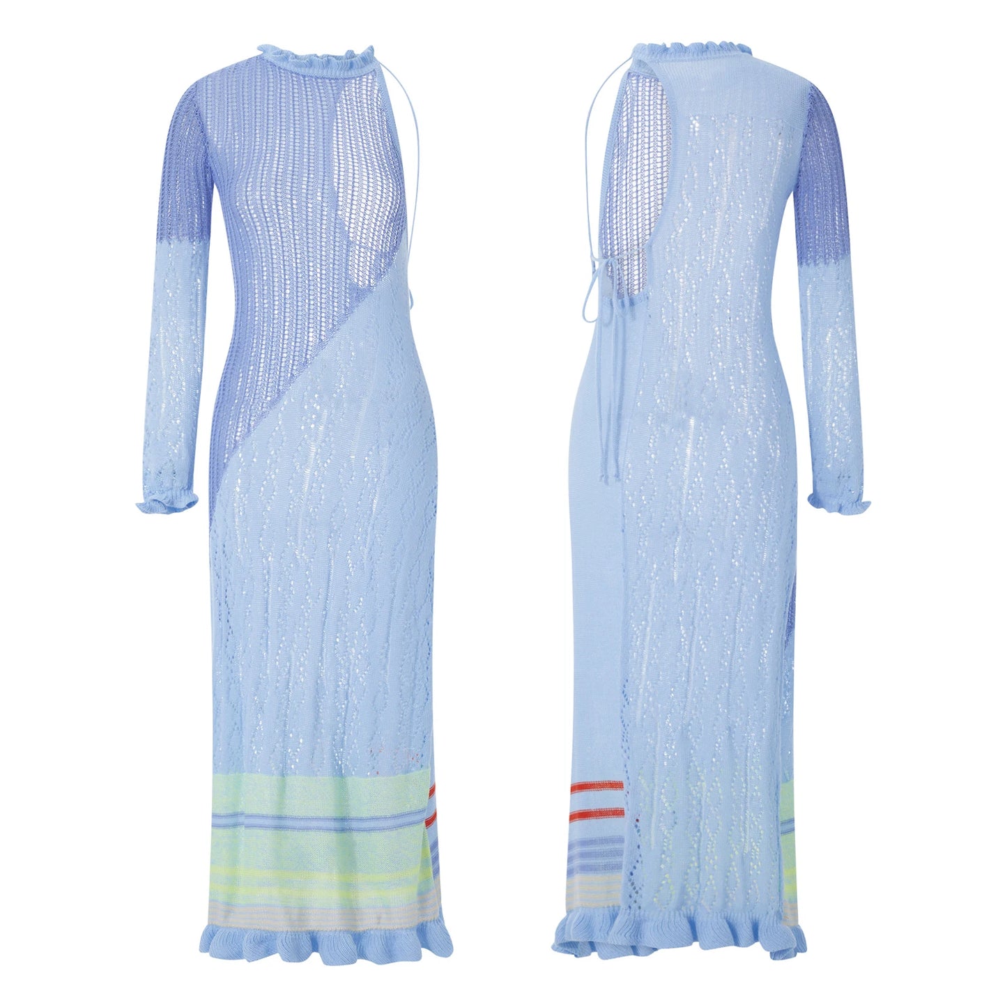 Contrast Color Hollow-Out Knit Beach Long Dress 2023 Summer See-Through One-Shoulder Long Sleeve Halter Tie-up Cover-Ups Dress
