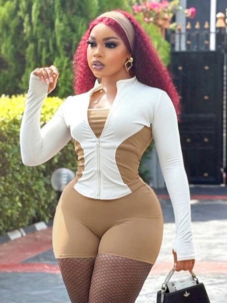 Nibber Daily Casual 2piece Set Women Tracksuit Zip Contrast Patchwork Full Sleeve Jacket+Shorts Simple Sporty Street Outfits