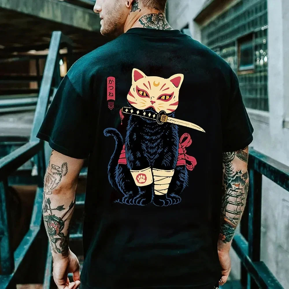 Summer Cotton Cartoon Anime Day Clothing Samurai Cat Print T-shirt Men's Hip Hop Retro Casual O Collar Loose T-shirt Men Tee Top