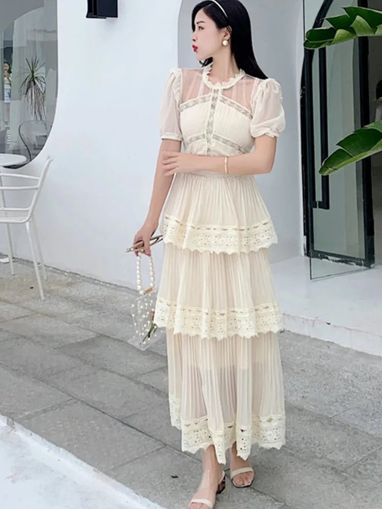 SMTHMA 2025 New Arrival Beige Lace Long Dress High Qulity Luxury Design Runway Dress Short Sleeve Ruffle Summer Dresses Vestidos
