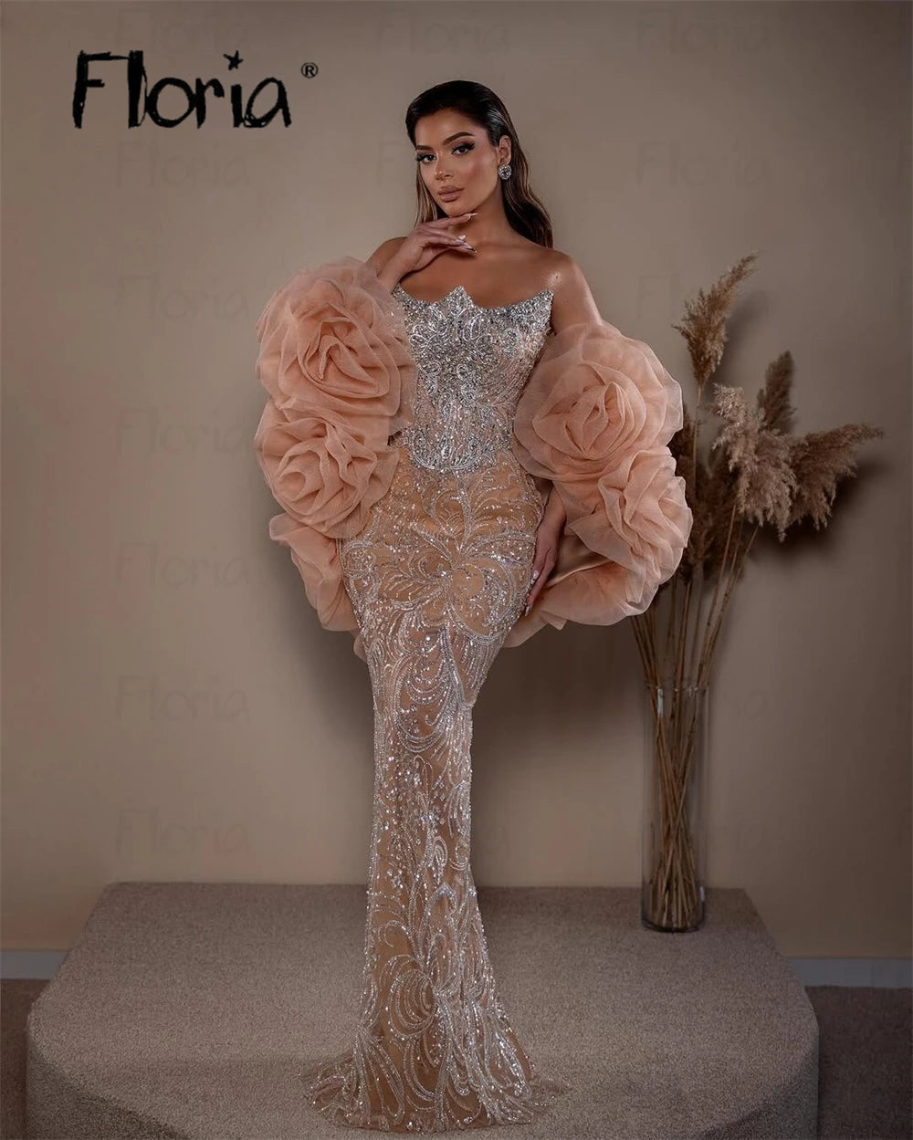 Champagne Strapless Flower Cloak Prom Dresses Beading Elegant 2025 Formal Occasion Gown Mermaid Cocktail Dress Customized