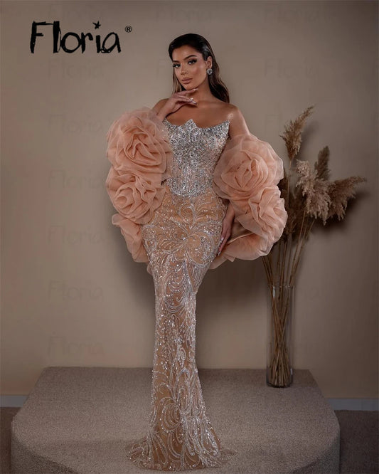 Champagne Strapless Flower Cloak Prom Dresses Beading Elegant 2025 Formal Occasion Gown Mermaid Cocktail Dress Customized