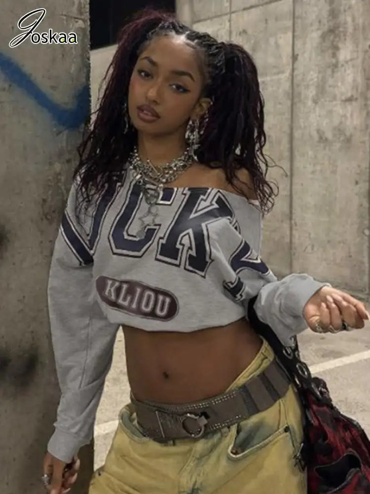 Joskaa Letter Print Y2K T-Shirts Women Hipster Oblique Shoulder Full Sleeve Loose Crop Top 2025 Graphic Tees Harajuku Streetwear