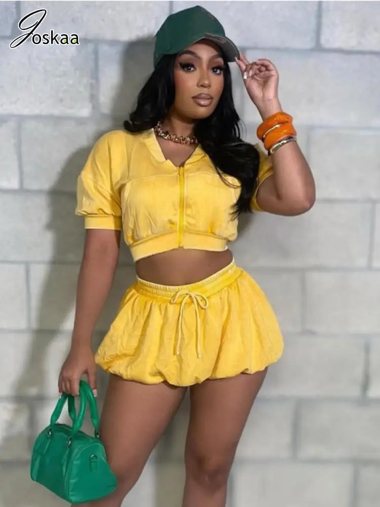 Joskaa Elegant 2 Piece Sets Women Hipster Sexy Short Sleeve Zip Crop Jackets and Lantern Skirt Matching 2025 Summer Streetwear