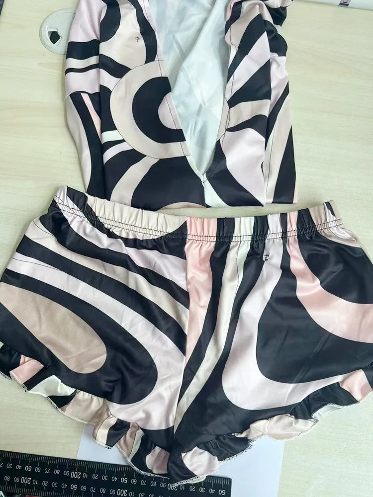 Joskaa 2025 Summer Striped Print 2 Piece Set Women Sexy Deep V-Neck Full Sleeve Bodysuit+Mesh Shorts Matching Holiday Streetwear
