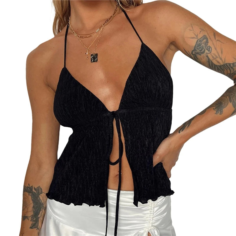 Sexy Summer Cami Top Bowknot Lace-Up Sleeveless Cropped Vest Elegant Youth Clothes Women Fashion Off Shoulder 2024 New