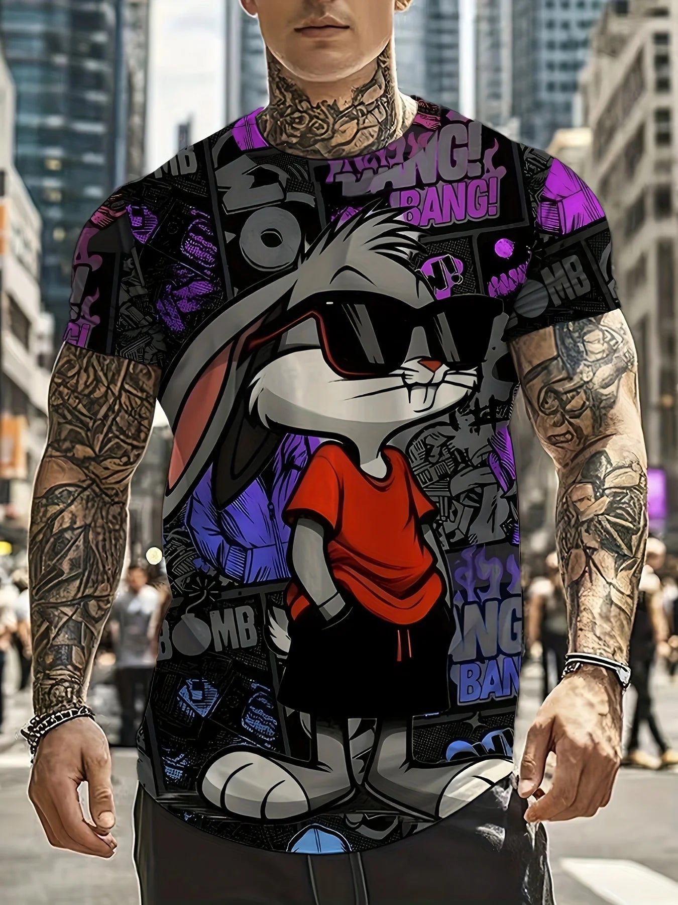 Men's 3D Rabbit Print T-Shirt | Soft Stretch Polyester Fabric | Casual Summer Knit Top with Bold \