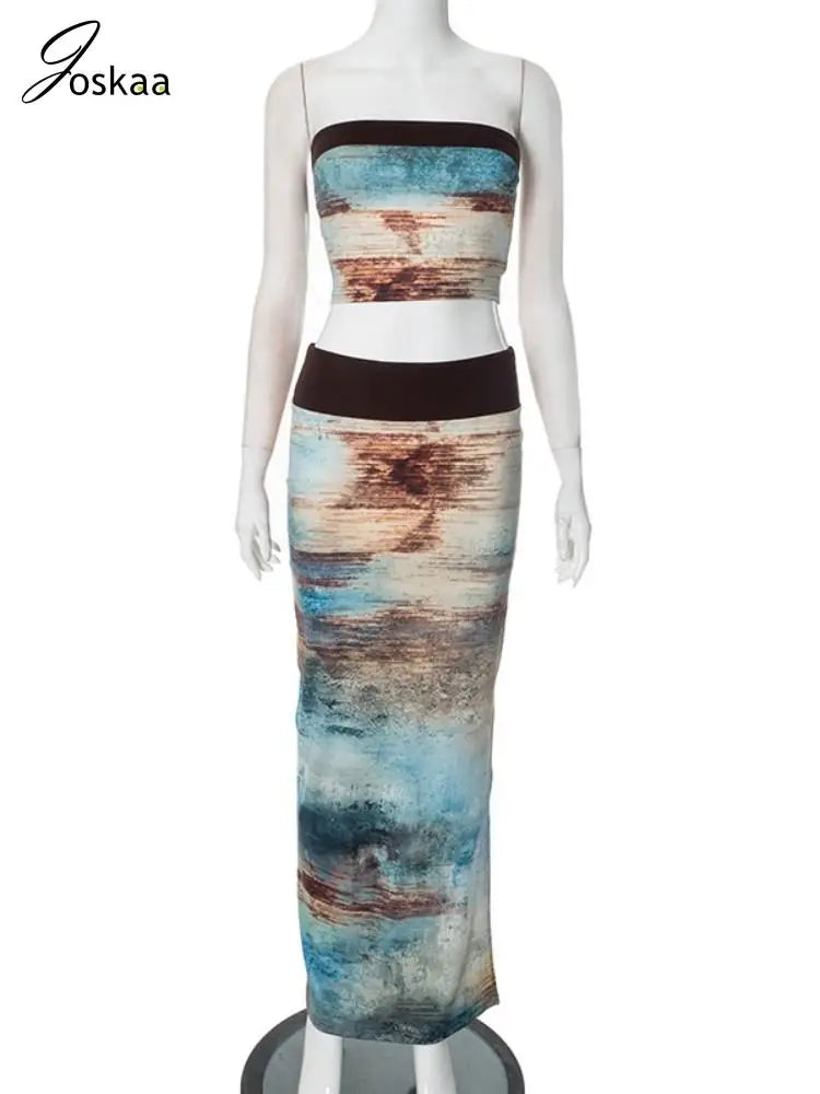 Joskaa Women Gradient Print 2 Piece Sets Summer Party Club Outfits Sexy Tube Tops and Maxi Hip Skirt Matching Vacation Beachwear
