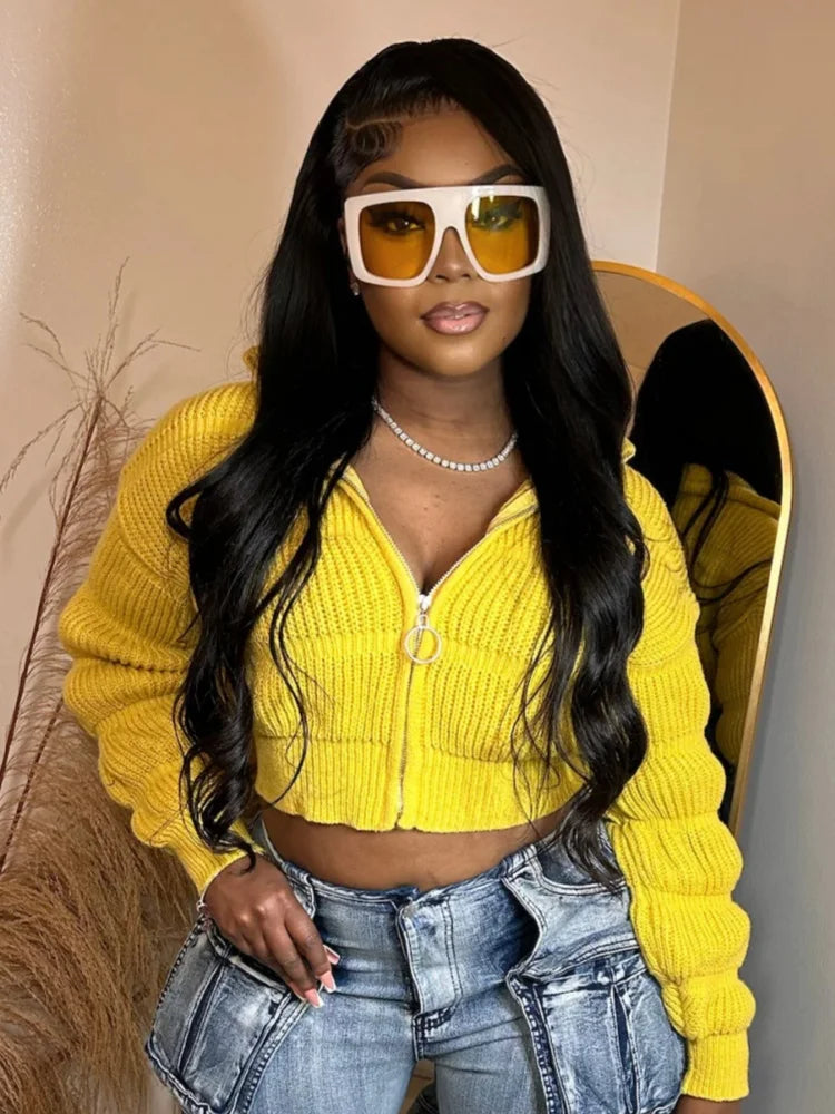 Joskaa Knit Ribbed Lapel Lantern Long Sleeve Cardigan Women Fashion Slim Sweater Coat 2024 Casual Outwear Vintage Streetwear