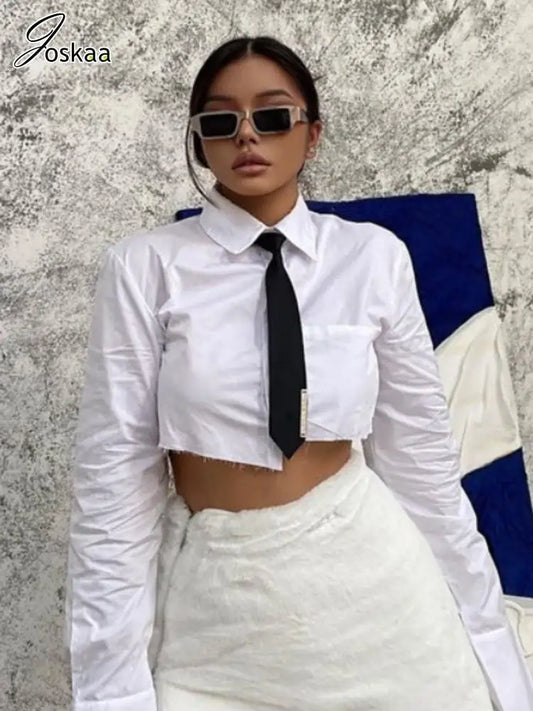 Joskaa Unique Irregular Shirts Women Hipster Sexy Lapel Long Sleeve Single Breasted Crop Tops Female Blouses Harajuku Sreetwear