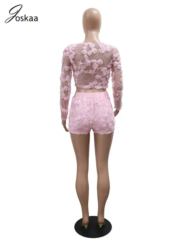 Joskaa 3D Flower Sequins 2 Piece Sets Women Sexy Sheer Full Sleeve Crop Tops and Shorts Matching 2025 Vacation Beach Outfits