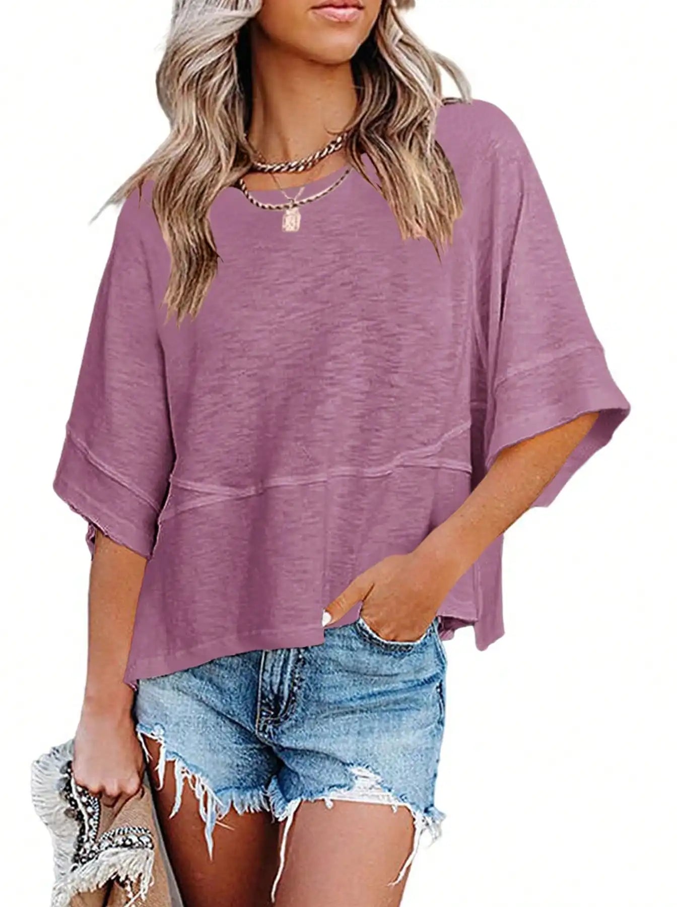 Women's Summer New Crewneck Batwing Half Sleeve Tops Solid Color Loose Fit Cute Flowy Tee Shirts Casual Dressy Cropped Blouse