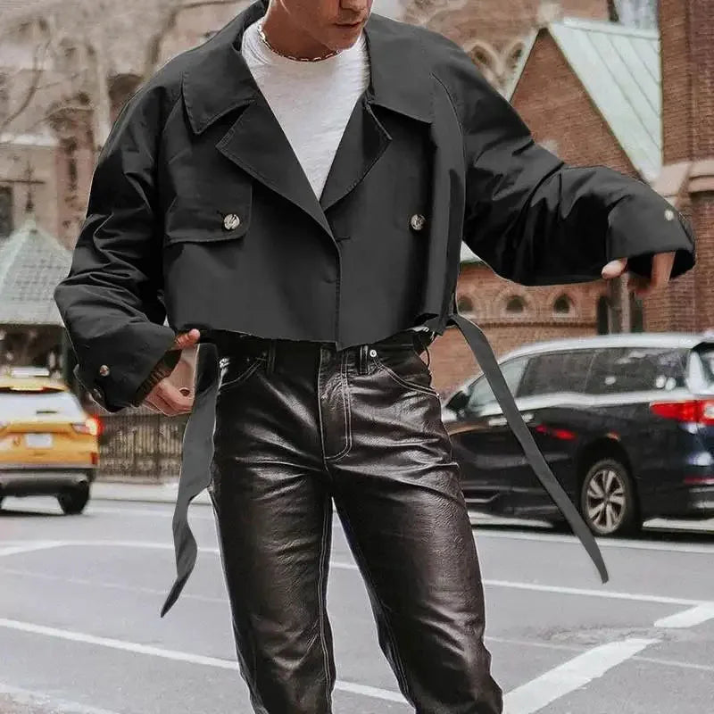 Men's Streetwear Jackets Solid Color Lapel Long Sleeve Loose Male Crop Coats Fashion Casual Retro Popular Jackets With Belt