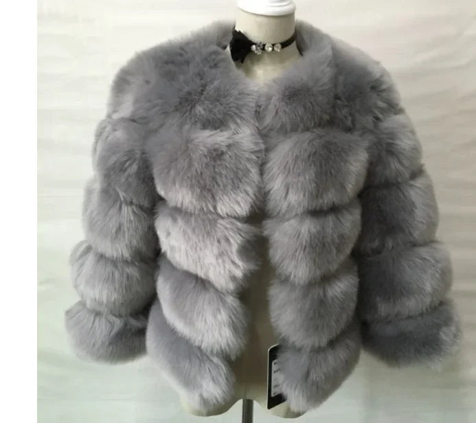Faux Fur Women Coats Solid Round Neck Full Sleeve Coat Thick Warm Fox Short Open Stitch Elegant Splice Autumn Winter 2024