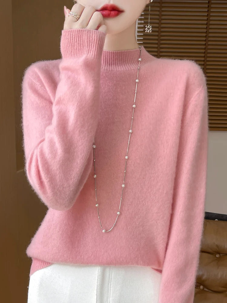 Women's Elegant Basic Style Pullover 100% Merino Wool Knitwear Autumn Winter Warm Solid Casual Loose Exquisite Clothing Tops