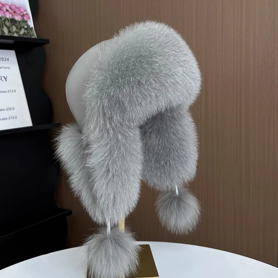 Ms.MinShu Unisex Winter Adjustable Earflap Genuine Black Fox Fur Hat with Sheep leather