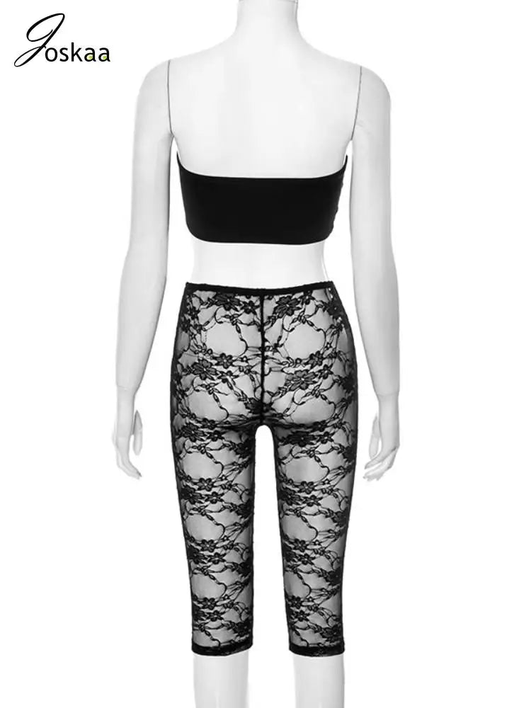 Joskaa Black 2 Piece Sets Women Hipster Sexy Tube Tops and Lace Jacquard Cropped Pants Matching 2025 Coquette Midnight Clubwear