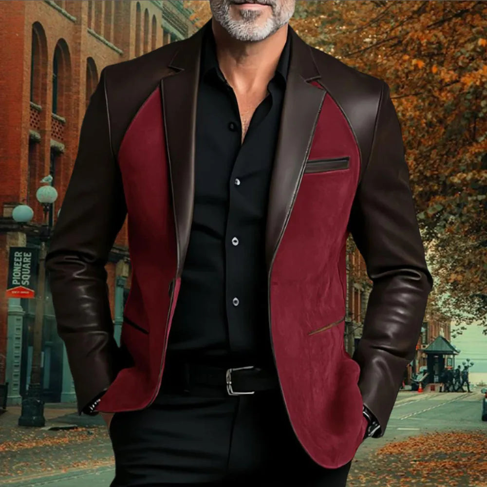 2025 NEW Leather Patchwork Velvet Men's Jacket Fashionable retro casual Brown Blazers man plus size custom suit Leather Coat