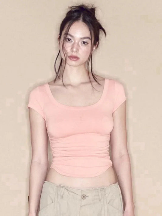 Summer Fashion New Solid Color Shirts For Women One-Piece Sexy Casual Short Women Clothing Slim Round Neck Short sleeve Y2k Top