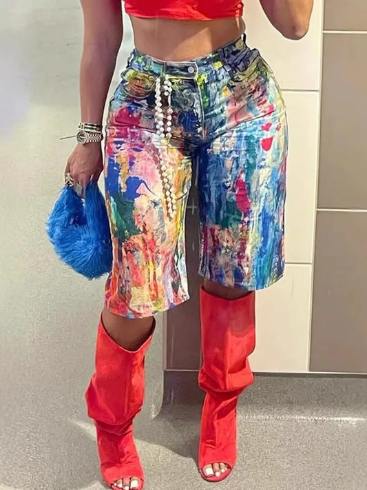 2025 Summer New Women's Pockets Graffiti Shorts Hot Casual Polyester Shorts Mid Waist Short Fashion Streetwear Short Pants