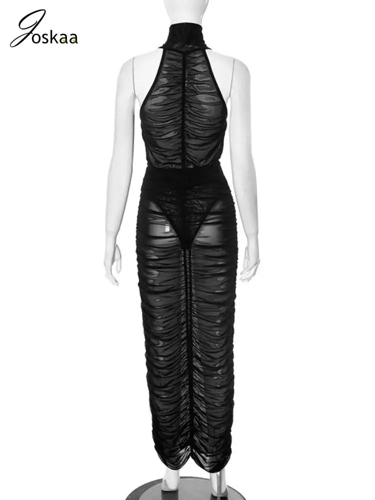 Joskaa Black Mesh See Through 2 Piece Sets Women Sexy Sleeveless Bodysuit+Pleated Maxi Skirt Mathching 2025 Midnight Clubwear
