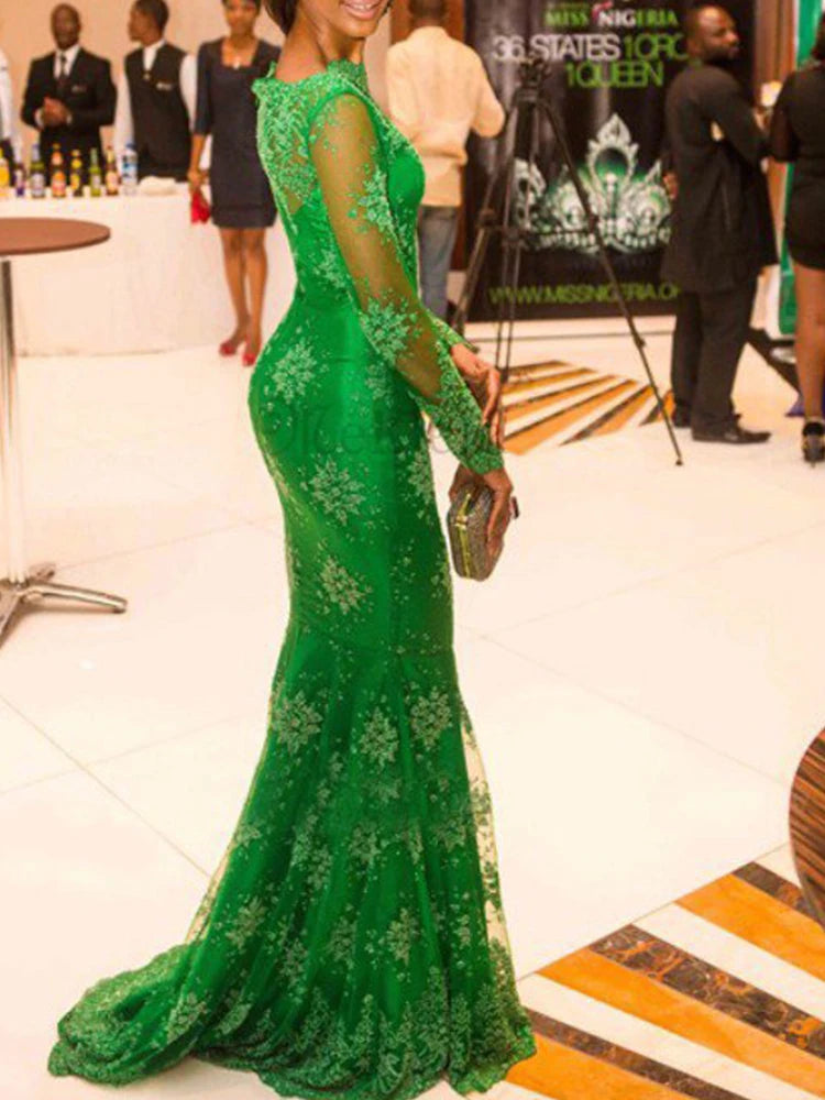 2025 New Style Women's Evening Full Dress Sexy Lace Perspective Long Sleeve Full Dresses For Women Bridesmaid Dress Party  Dress