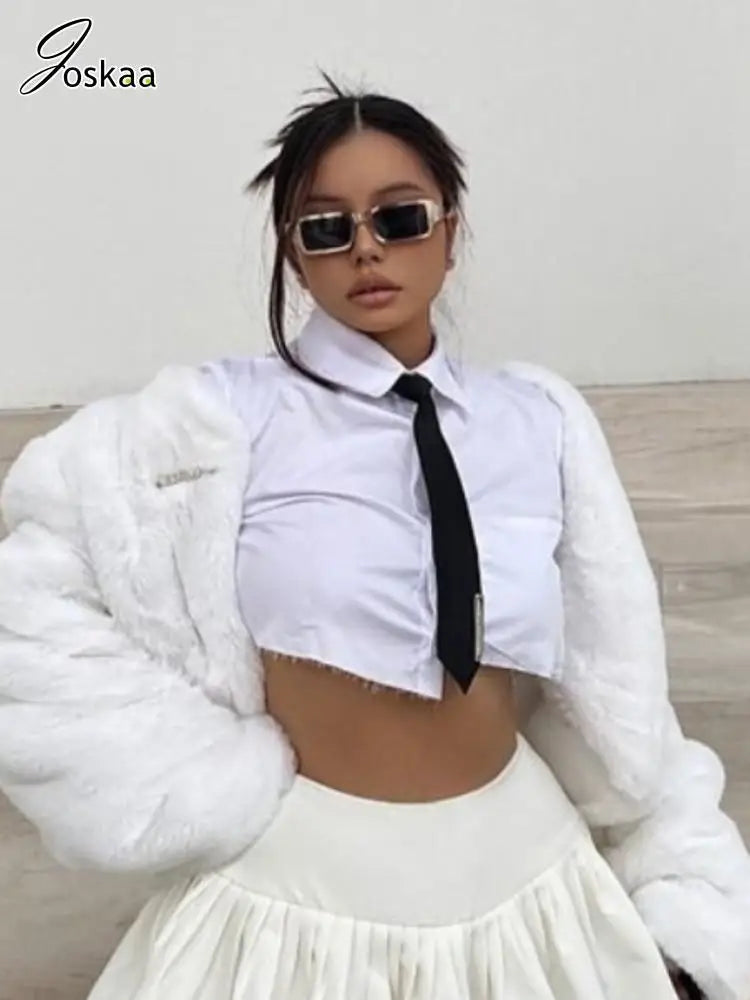 Joskaa Unique Irregular Shirts Women Hipster Sexy Lapel Long Sleeve Single Breasted Crop Tops Female Blouses Harajuku Sreetwear