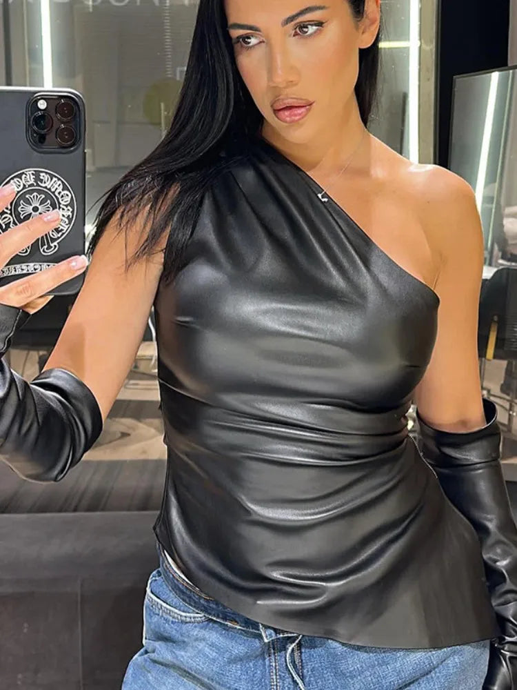Joskaa Sexy Skew Collar Irregular Faux Leather Tank Top and Oversleeve Matching Women Clothes Autumn Fashion Midnight Club Tops